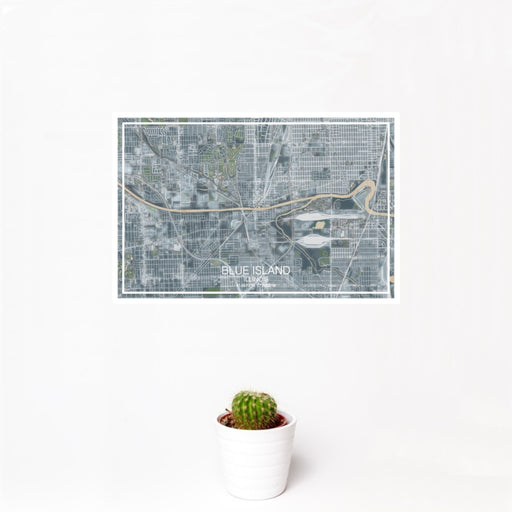 12x18 Blue Island Illinois Map Print Landscape Orientation in Afternoon Style With Small Cactus Plant in White Planter