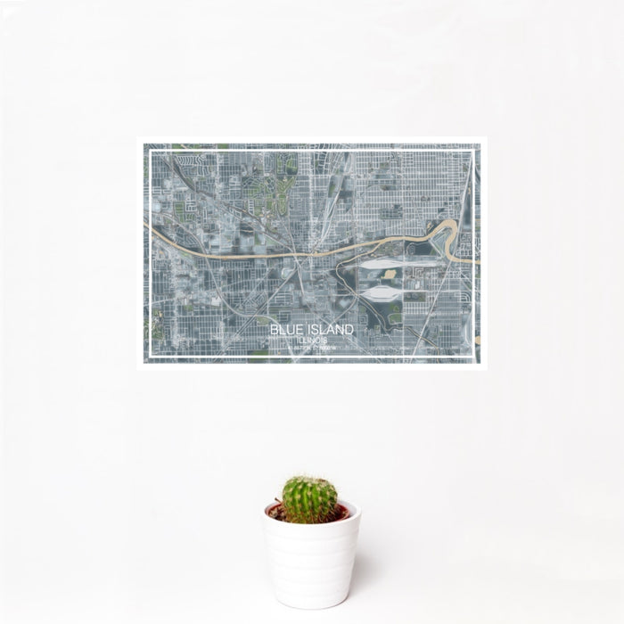 12x18 Blue Island Illinois Map Print Landscape Orientation in Afternoon Style With Small Cactus Plant in White Planter
