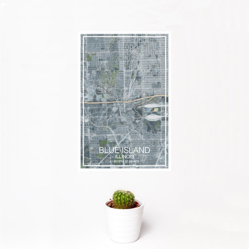 12x18 Blue Island Illinois Map Print Portrait Orientation in Afternoon Style With Small Cactus Plant in White Planter