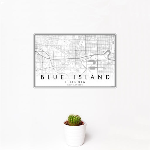12x18 Blue Island Illinois Map Print Landscape Orientation in Classic Style With Small Cactus Plant in White Planter