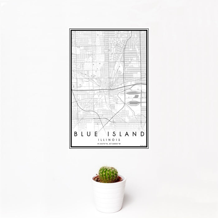 12x18 Blue Island Illinois Map Print Portrait Orientation in Classic Style With Small Cactus Plant in White Planter