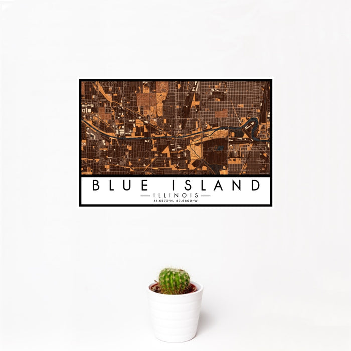 12x18 Blue Island Illinois Map Print Landscape Orientation in Ember Style With Small Cactus Plant in White Planter