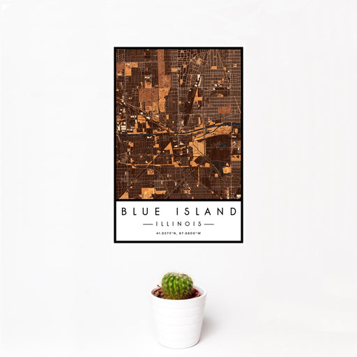 12x18 Blue Island Illinois Map Print Portrait Orientation in Ember Style With Small Cactus Plant in White Planter