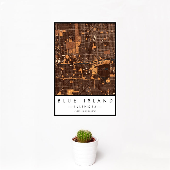 12x18 Blue Island Illinois Map Print Portrait Orientation in Ember Style With Small Cactus Plant in White Planter