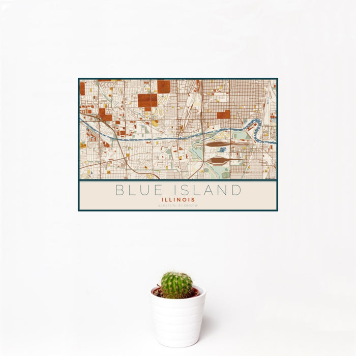 12x18 Blue Island Illinois Map Print Landscape Orientation in Woodblock Style With Small Cactus Plant in White Planter