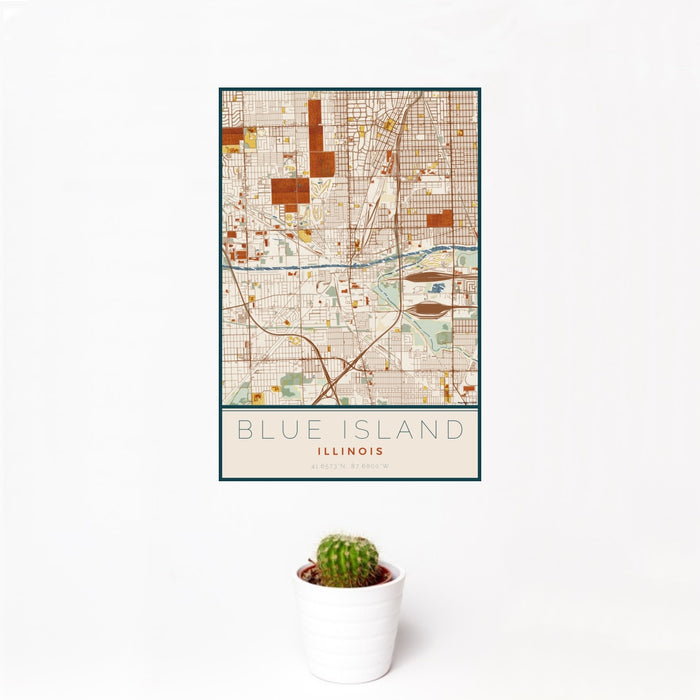 12x18 Blue Island Illinois Map Print Portrait Orientation in Woodblock Style With Small Cactus Plant in White Planter