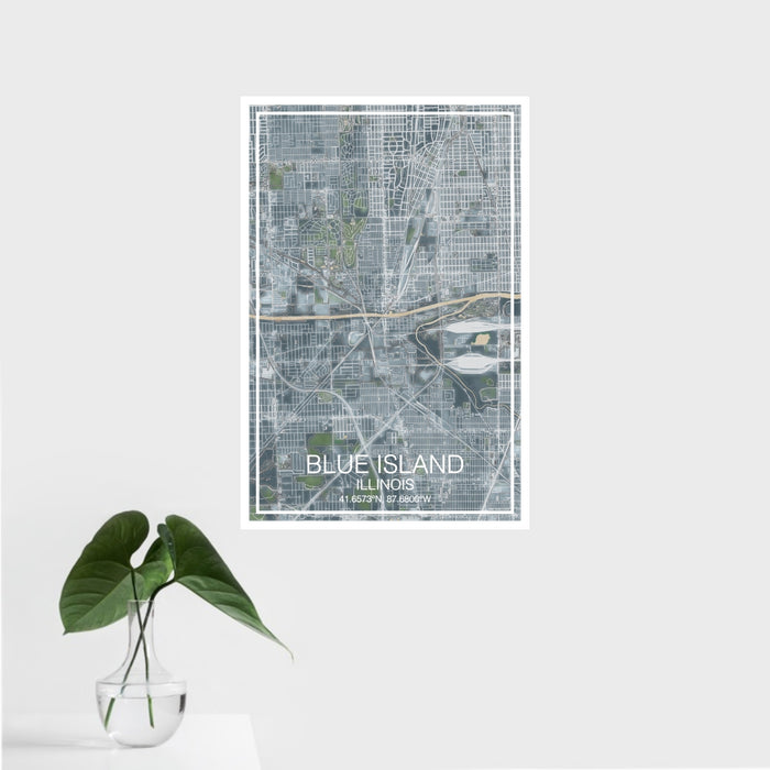 16x24 Blue Island Illinois Map Print Portrait Orientation in Afternoon Style With Tropical Plant Leaves in Water