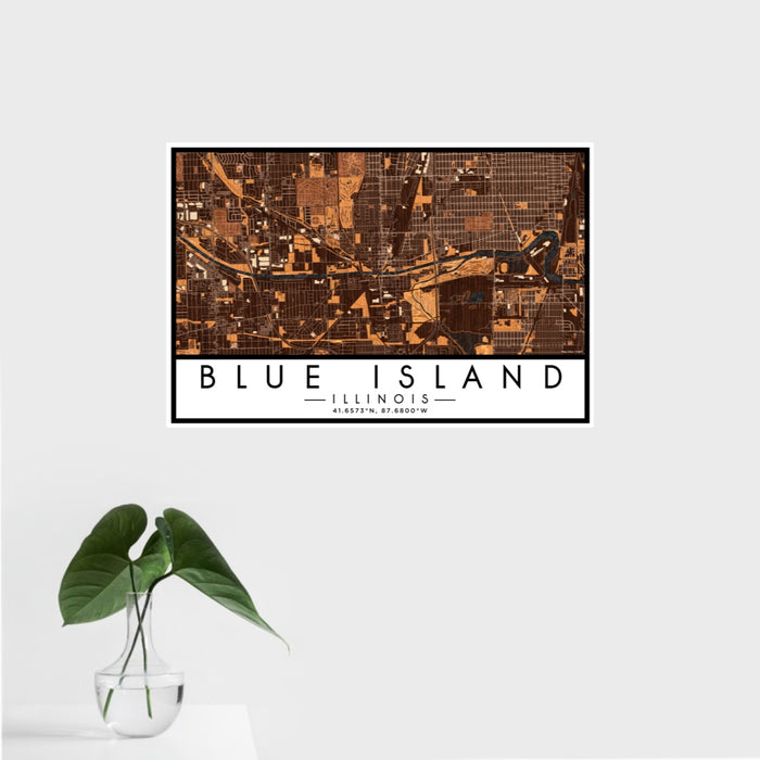 16x24 Blue Island Illinois Map Print Landscape Orientation in Ember Style With Tropical Plant Leaves in Water