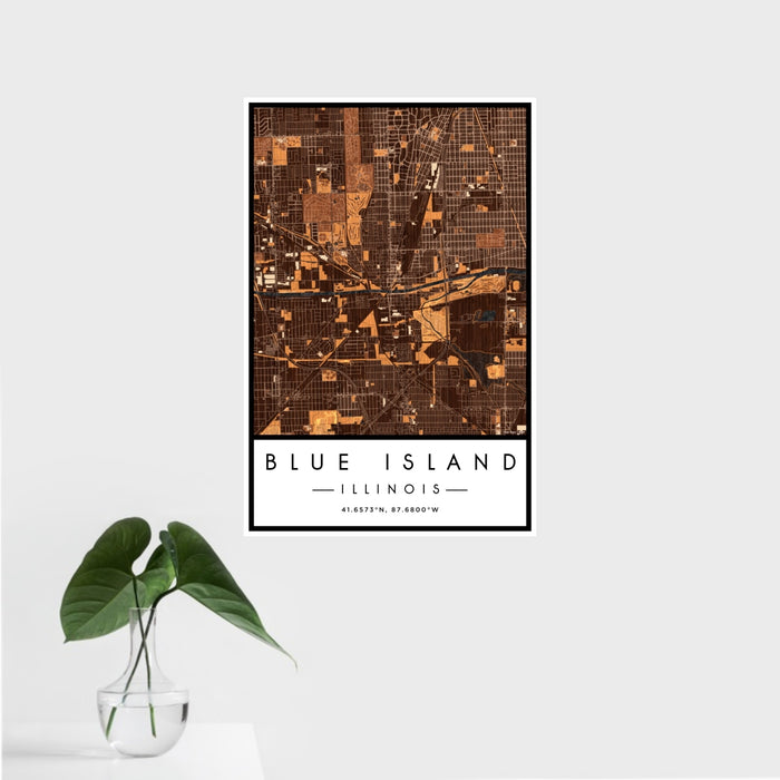 16x24 Blue Island Illinois Map Print Portrait Orientation in Ember Style With Tropical Plant Leaves in Water