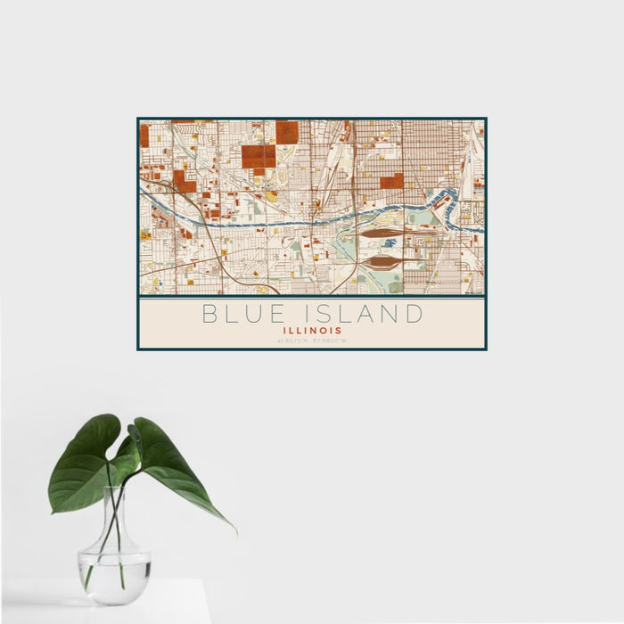 16x24 Blue Island Illinois Map Print Landscape Orientation in Woodblock Style With Tropical Plant Leaves in Water