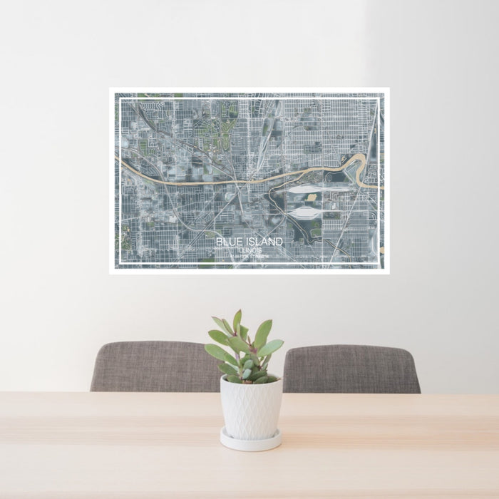 24x36 Blue Island Illinois Map Print Landscape Orientation in Afternoon Style Behind 2 Chairs Table and Potted Plant