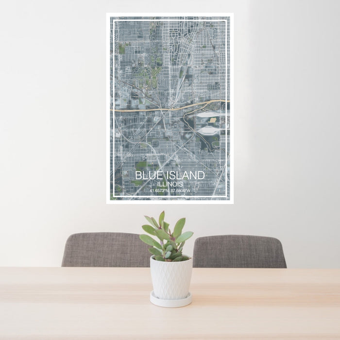 24x36 Blue Island Illinois Map Print Portrait Orientation in Afternoon Style Behind 2 Chairs Table and Potted Plant