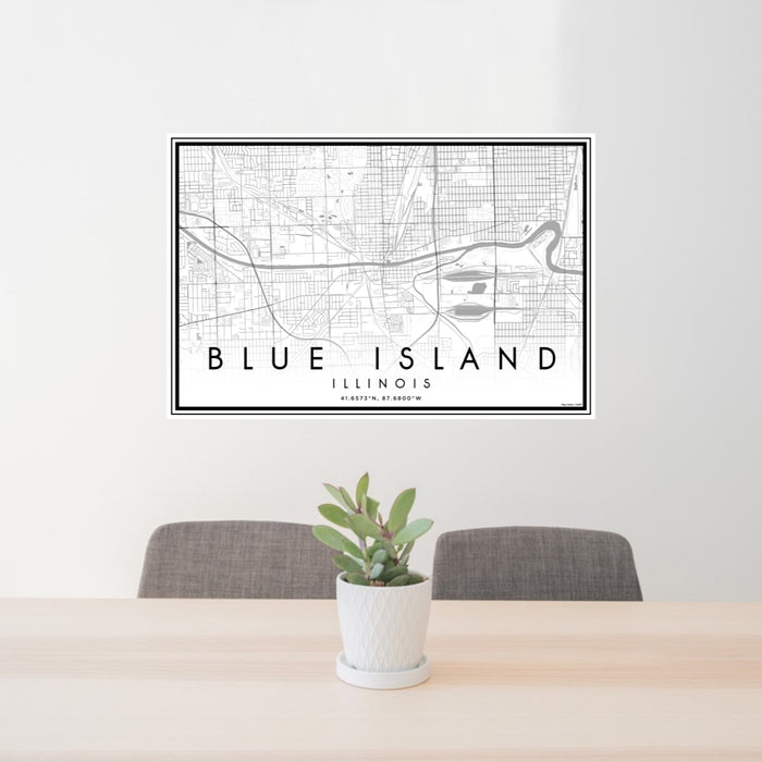 24x36 Blue Island Illinois Map Print Landscape Orientation in Classic Style Behind 2 Chairs Table and Potted Plant