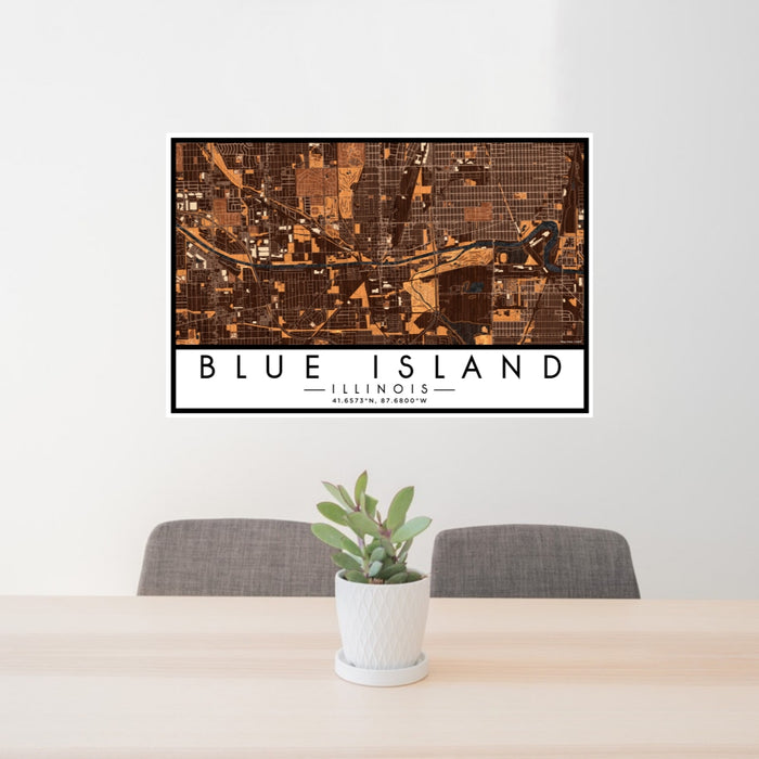 24x36 Blue Island Illinois Map Print Landscape Orientation in Ember Style Behind 2 Chairs Table and Potted Plant