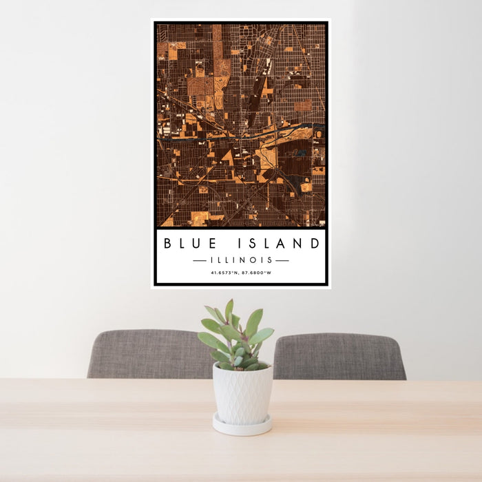 24x36 Blue Island Illinois Map Print Portrait Orientation in Ember Style Behind 2 Chairs Table and Potted Plant