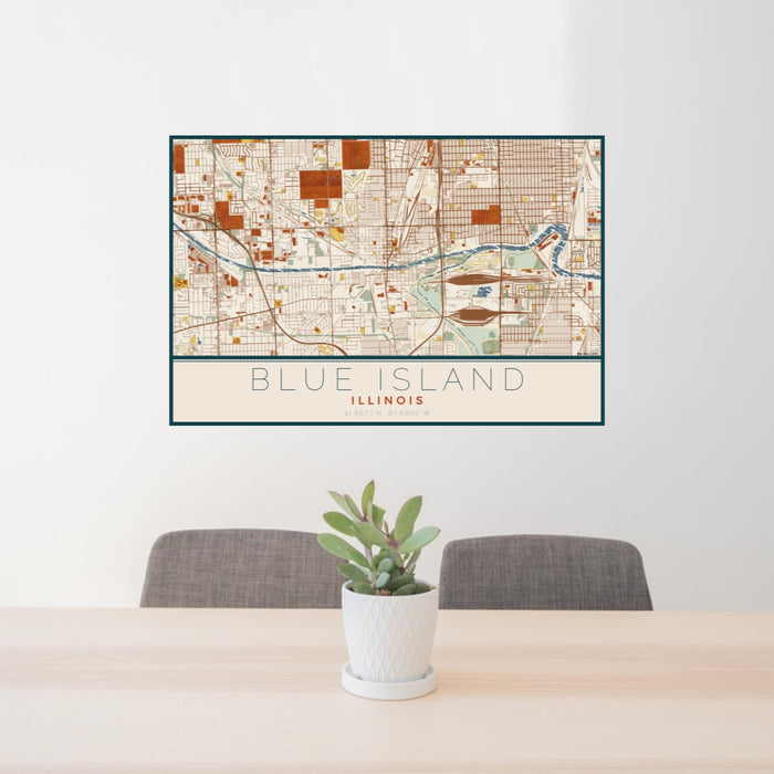 24x36 Blue Island Illinois Map Print Landscape Orientation in Woodblock Style Behind 2 Chairs Table and Potted Plant