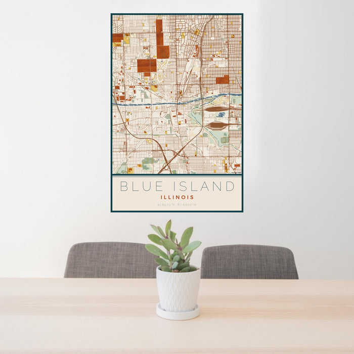 24x36 Blue Island Illinois Map Print Portrait Orientation in Woodblock Style Behind 2 Chairs Table and Potted Plant