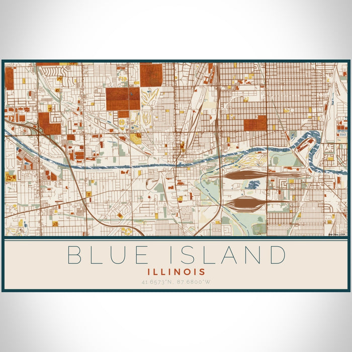 Blue Island Illinois Map Print Landscape Orientation in Woodblock Style With Shaded Background