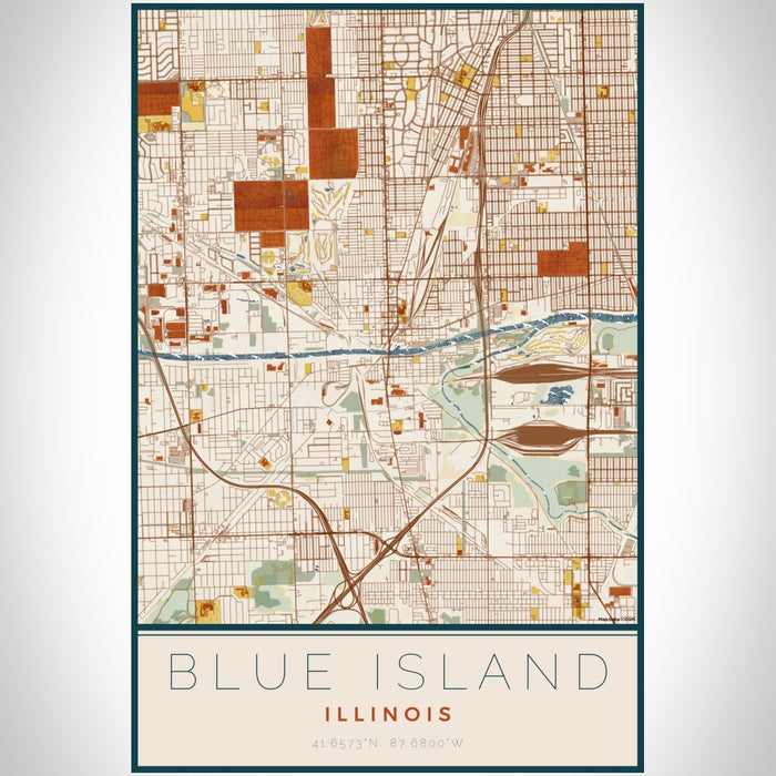 Blue Island Illinois Map Print Portrait Orientation in Woodblock Style With Shaded Background
