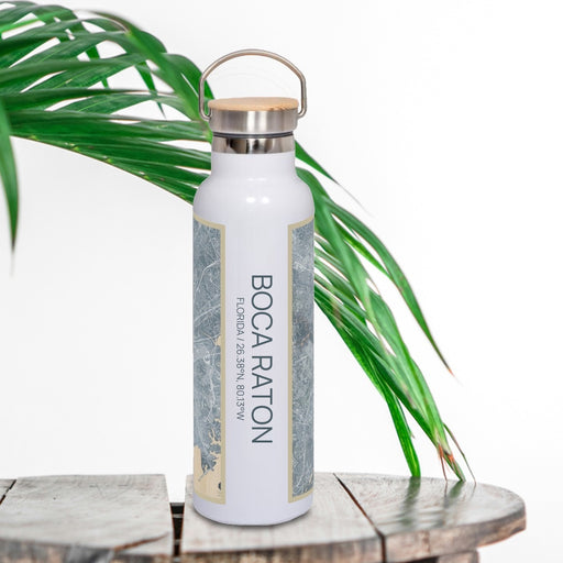 Boca Raton Florida Custom City Map Inscription Coordinates on 20oz Stainless Steel Insulated Bottle with Bamboo Top with printed afternoon style map