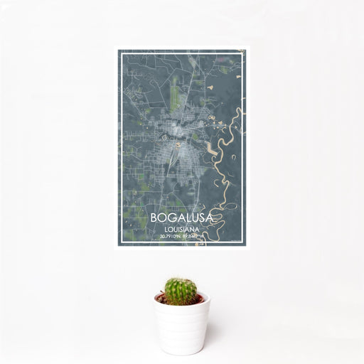12x18 Bogalusa Louisiana Map Print Portrait Orientation in Afternoon Style With Small Cactus Plant in White Planter