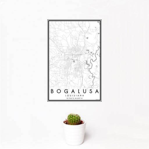 12x18 Bogalusa Louisiana Map Print Portrait Orientation in Classic Style With Small Cactus Plant in White Planter