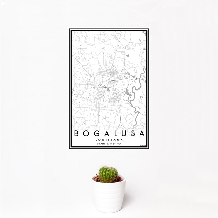 12x18 Bogalusa Louisiana Map Print Portrait Orientation in Classic Style With Small Cactus Plant in White Planter