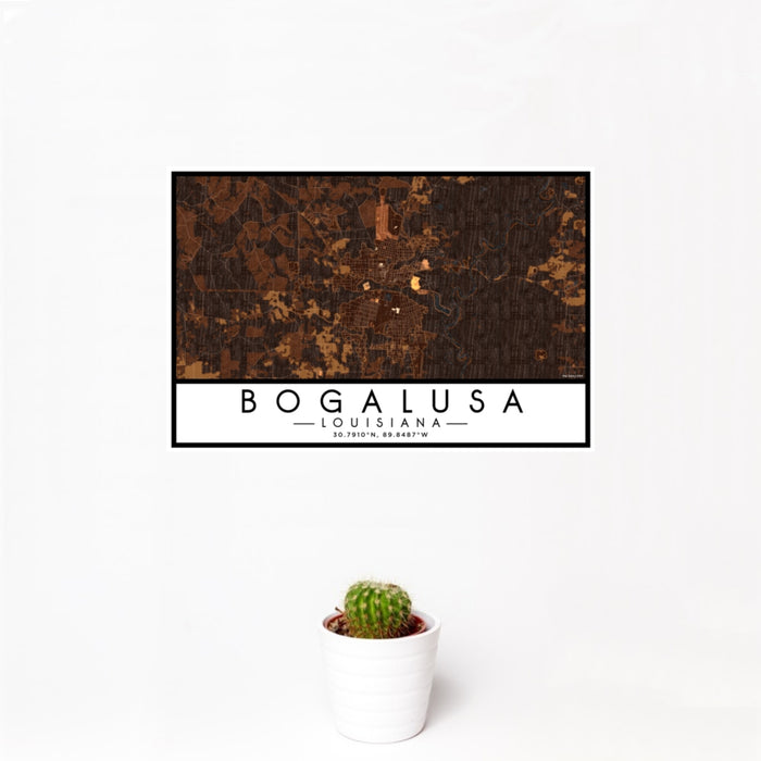 12x18 Bogalusa Louisiana Map Print Landscape Orientation in Ember Style With Small Cactus Plant in White Planter