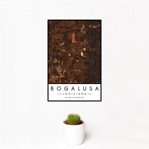 12x18 Bogalusa Louisiana Map Print Portrait Orientation in Ember Style With Small Cactus Plant in White Planter