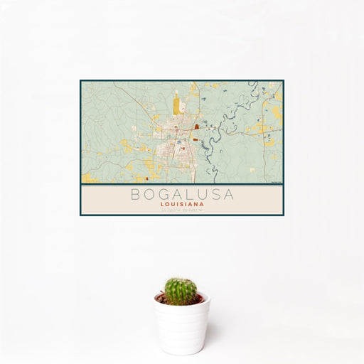 12x18 Bogalusa Louisiana Map Print Landscape Orientation in Woodblock Style With Small Cactus Plant in White Planter