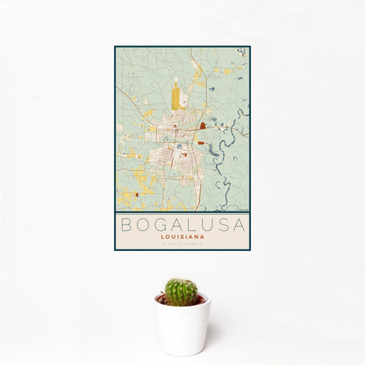 12x18 Bogalusa Louisiana Map Print Portrait Orientation in Woodblock Style With Small Cactus Plant in White Planter