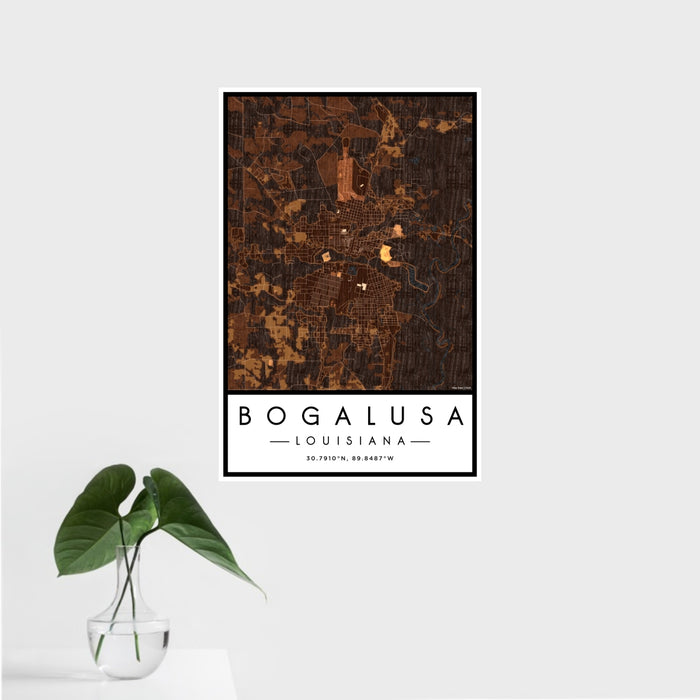 16x24 Bogalusa Louisiana Map Print Portrait Orientation in Ember Style With Tropical Plant Leaves in Water