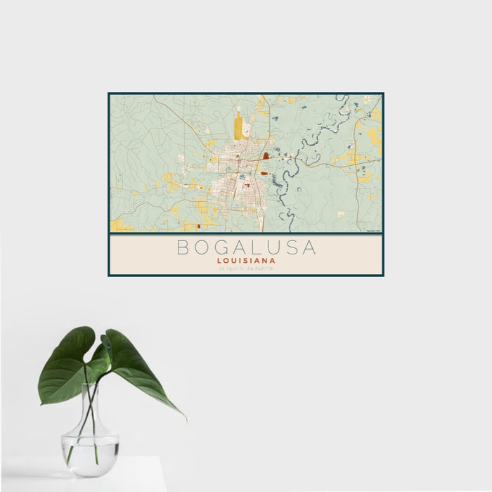 16x24 Bogalusa Louisiana Map Print Landscape Orientation in Woodblock Style With Tropical Plant Leaves in Water