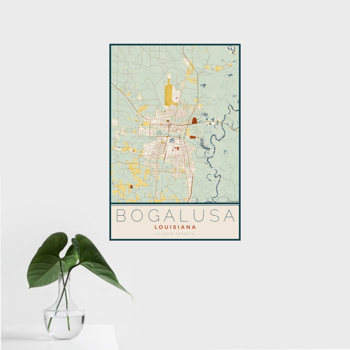 16x24 Bogalusa Louisiana Map Print Portrait Orientation in Woodblock Style With Tropical Plant Leaves in Water
