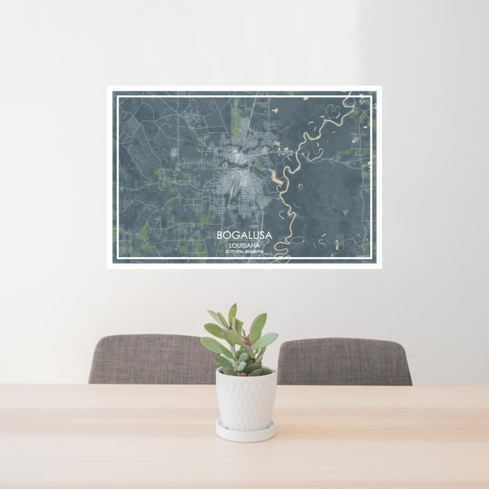 24x36 Bogalusa Louisiana Map Print Lanscape Orientation in Afternoon Style Behind 2 Chairs Table and Potted Plant