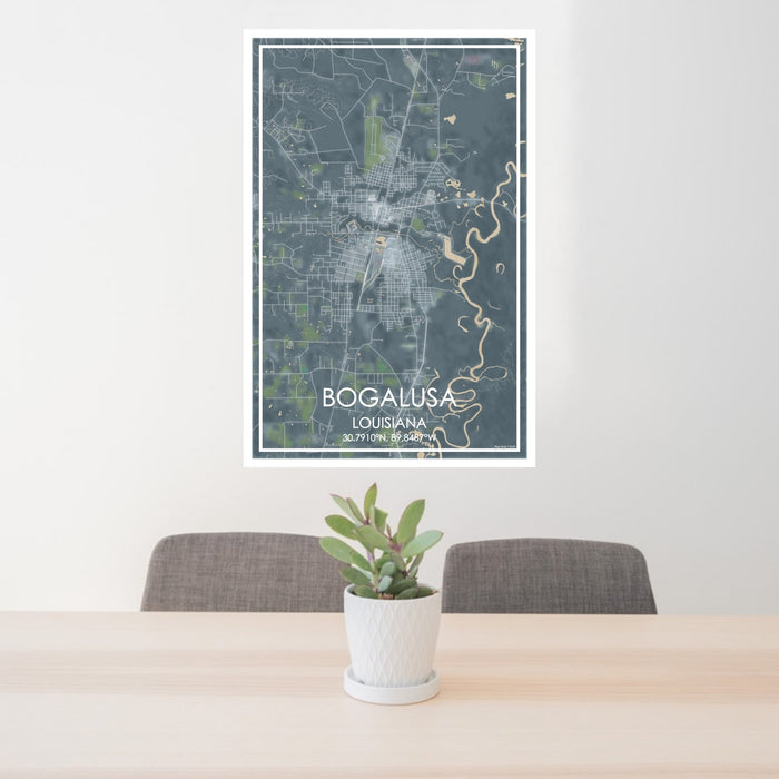 24x36 Bogalusa Louisiana Map Print Portrait Orientation in Afternoon Style Behind 2 Chairs Table and Potted Plant