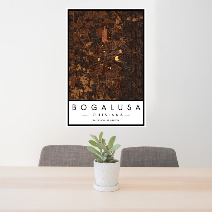 24x36 Bogalusa Louisiana Map Print Portrait Orientation in Ember Style Behind 2 Chairs Table and Potted Plant