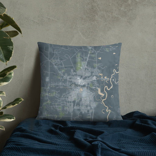 Custom Bogalusa Louisiana Map Throw Pillow in Afternoon on Bedding Against Wall