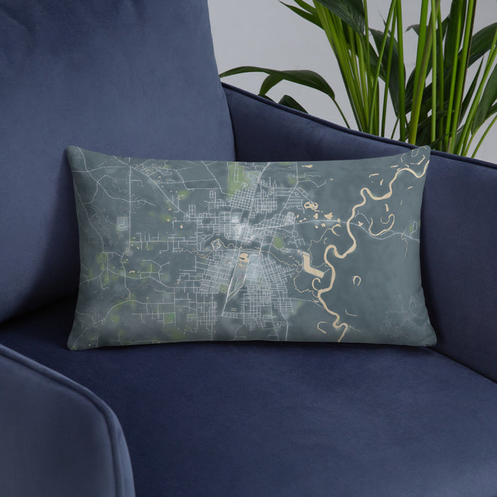 Custom Bogalusa Louisiana Map Throw Pillow in Afternoon on Blue Colored Chair