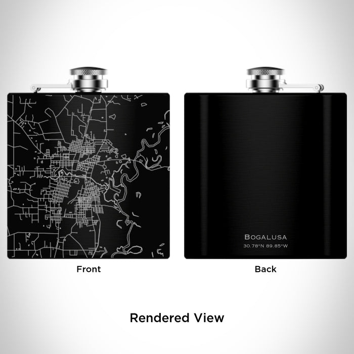 Rendered View of Bogalusa Louisiana Map Engraving on 6oz Stainless Steel Flask in Black