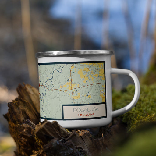 Right View Custom Bogalusa Louisiana Map Enamel Mug in Woodblock on Grass With Trees in Background