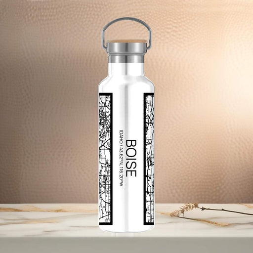 Boise Idaho Custom City Map Inscription Coordinates on 20oz Stainless Steel Insulated Bottle with Bamboo Top in Matte White with printed Tactile Lines Map in Black