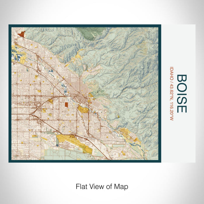 Rendered View of Boise Idaho Map on 20oz Stainless Steel Insulated Bottle with Bamboo Top with printed woodblock style map