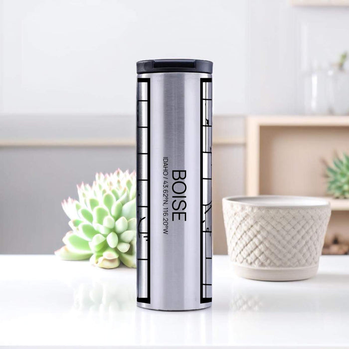 Boise Idaho Custom City Map Inscription Coordinates on 17oz Stainless Steel Insulated Tumbler in Tactile Lines with Succulent in Background