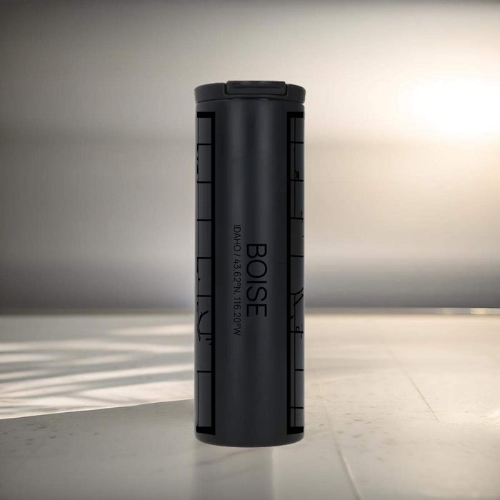 Boise Idaho Custom City Map Inscription Coordinates on 17oz Stainless Steel Insulated Tumbler in Matte Black with Tactile Lines