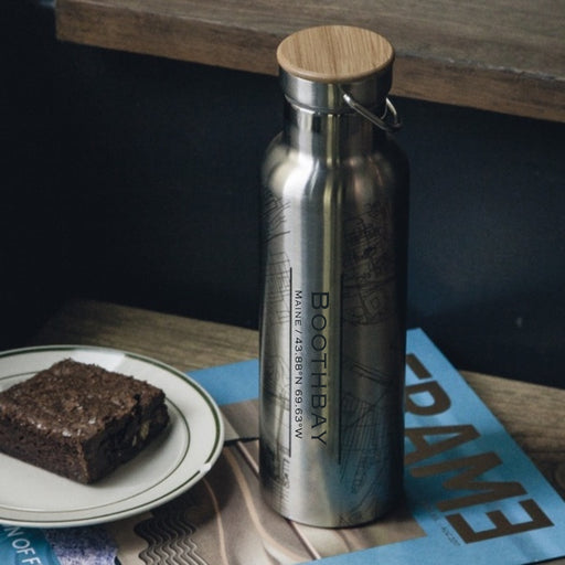 Boothbay Maine Custom City Map Inscription Coordinates on 20oz Stainless Steel Insulated Bottle with Bamboo Top