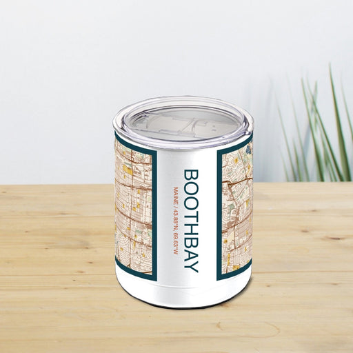 Boothbay Maine Custom City Map Inscription Coordinates on 10oz Stainless Steel Insulated Cup in Woodblock with Sliding Lid