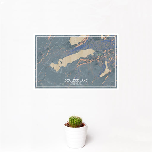 12x18 Boulder Lake Wyoming Map Print Landscape Orientation in Afternoon Style With Small Cactus Plant in White Planter