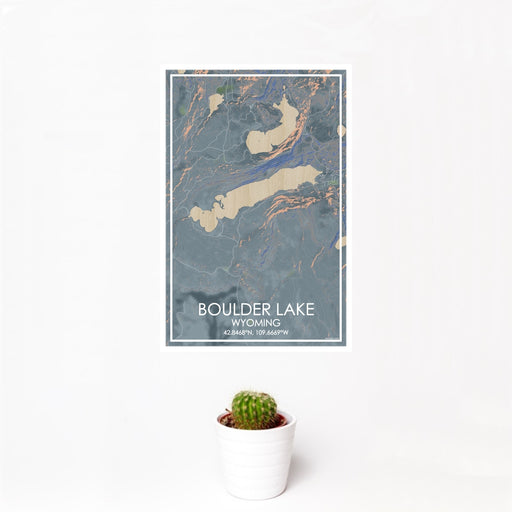 12x18 Boulder Lake Wyoming Map Print Portrait Orientation in Afternoon Style With Small Cactus Plant in White Planter