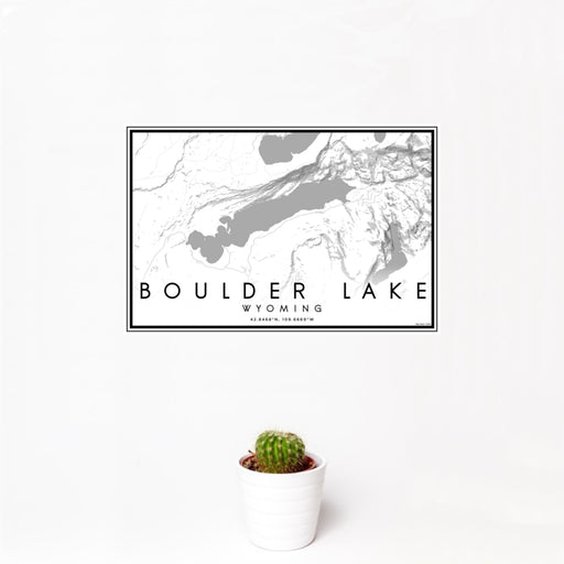 12x18 Boulder Lake Wyoming Map Print Landscape Orientation in Classic Style With Small Cactus Plant in White Planter
